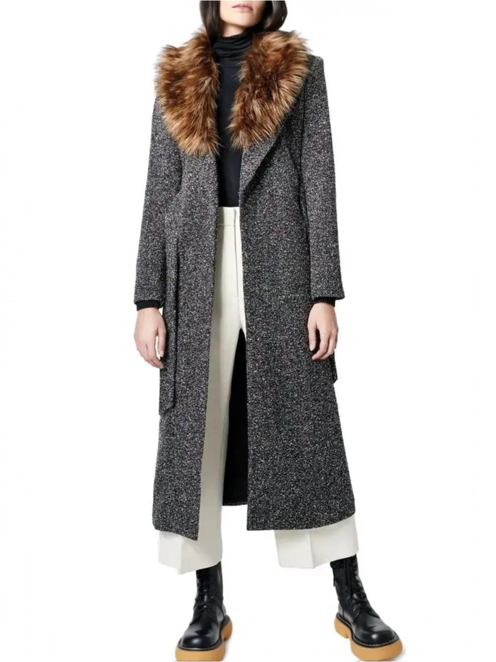 SMYTHE Belt Coat With Detachable Faux Fur Collar Silk Blend Tweed Trench S